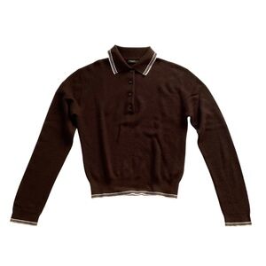 Massimo Dutti Womens Polo Collar Sweater S Brown Knit Classic Old Money Preppy